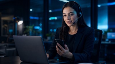 Profissional em atendimento telefônico corporativo