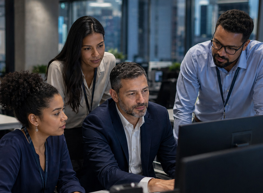 Equipe brasileira de tecnologia financeira colaborando em uma operação moderna