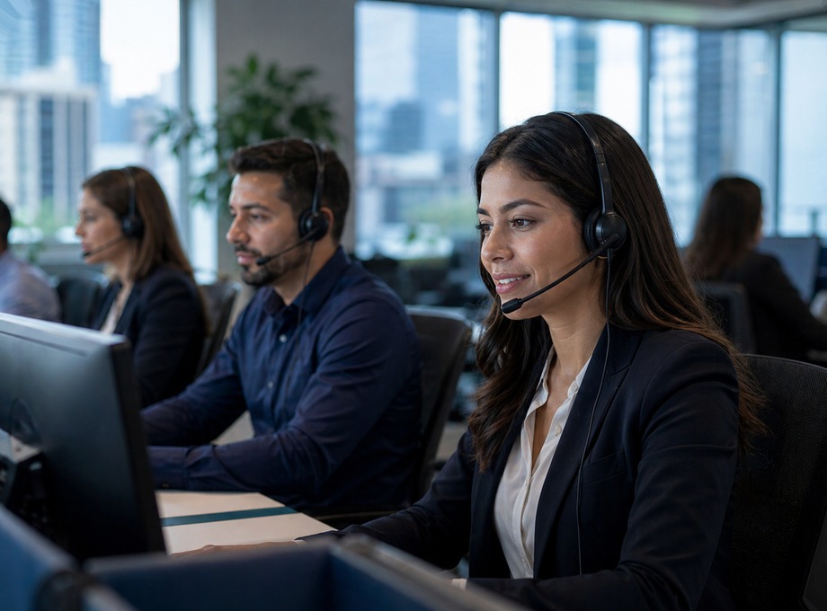 Equipe brasileira de atendimento financeiro trabalhando em canais de voz e digitais