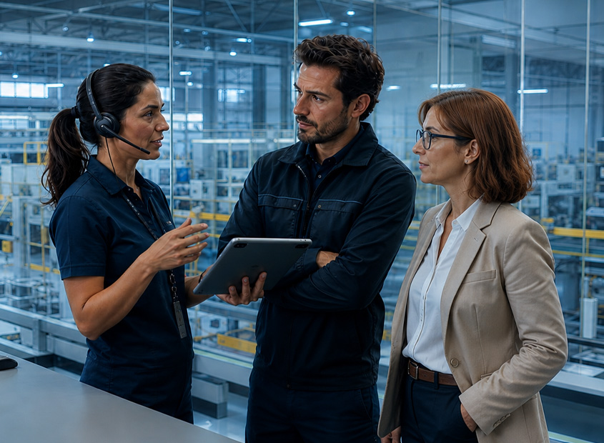 Profissionais industriais portugueses coordenando comunicação em sala de controle moderna
