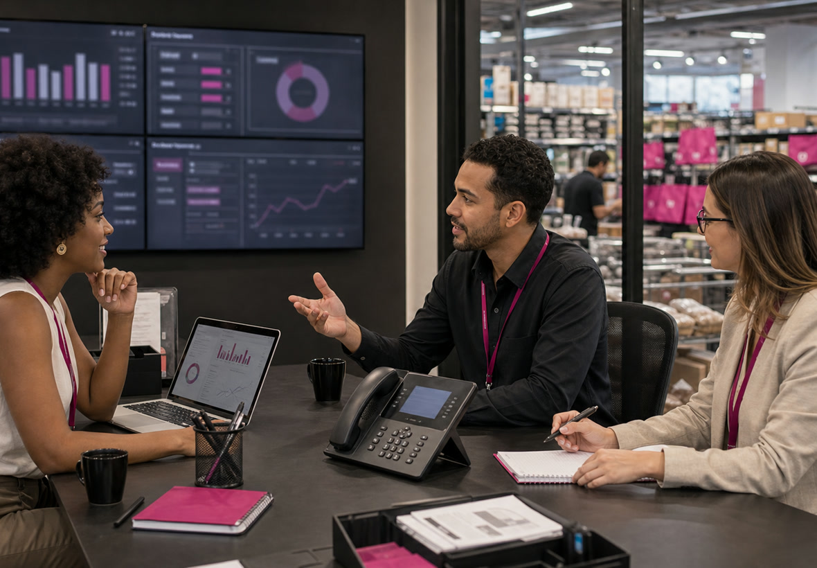 Gestores de varejo diversos acompanhando indicadores com telefone IP moderno