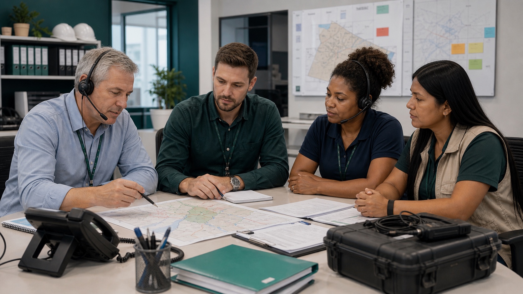 Gestores caucasianos revisando expansão de contratos com equipe brasileira diversa de serviços