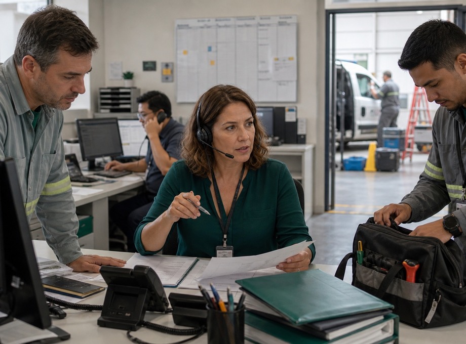 Supervisora caucasiana de campo com headset coordenando técnicos de serviços em base operacional brasileira